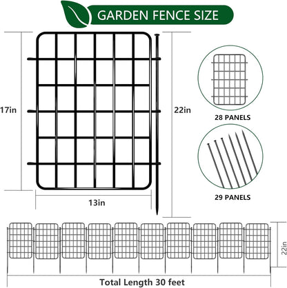 30ft x 17in Garden Fence Animal Barrier, 28 Panels No Dig Fence Border, Rustproof Metal Decorative