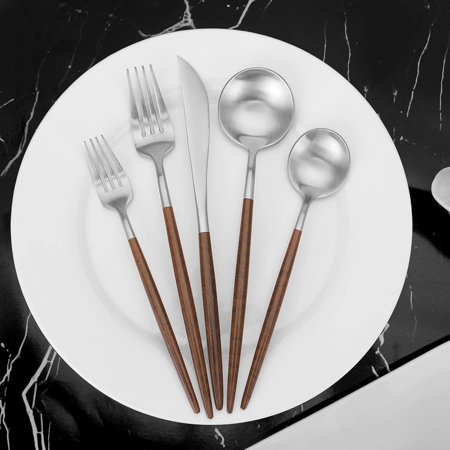 Matte Silver Silverware Set With Brown Handle, Vanys 20 Piece Stainless Steel Cutlery Flatware Set