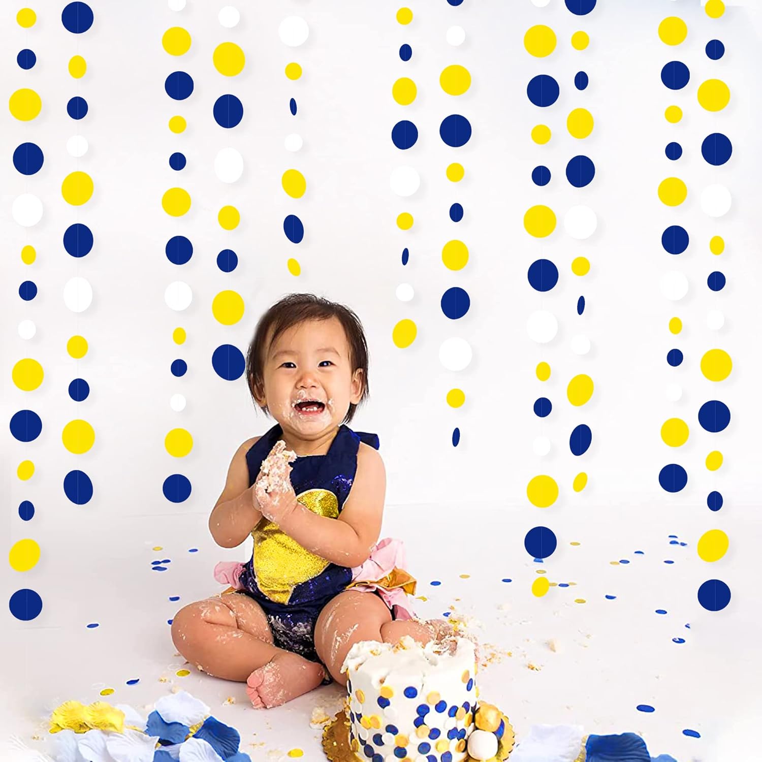 46Ft Navy Blue and Yellow Circle Dots Garland Royal Blue Yellow White Hanging Paper Polka Dot