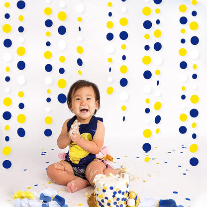 46Ft Navy Blue and Yellow Circle Dots Garland Royal Blue Yellow White Hanging Paper Polka Dot
