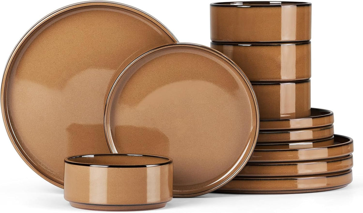 Onader Stoneware Dinnerware Sets for 4, Plates and Bowls with Unglazed Terracotta Bottom, Elegant