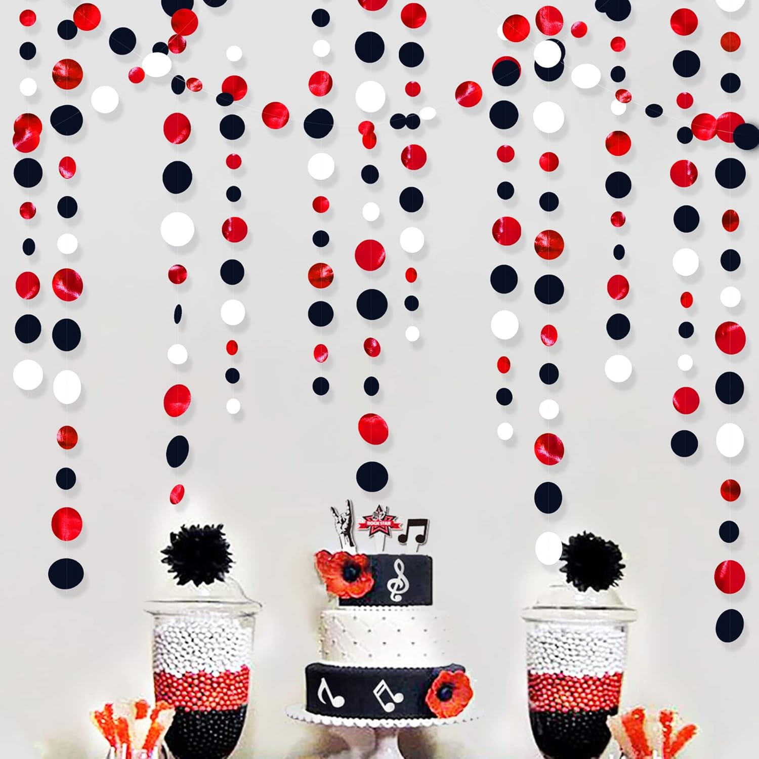 46 Ft Red Black and White Circle Dots Garland Hanging Paper Polka Dots Streamer for Graduations