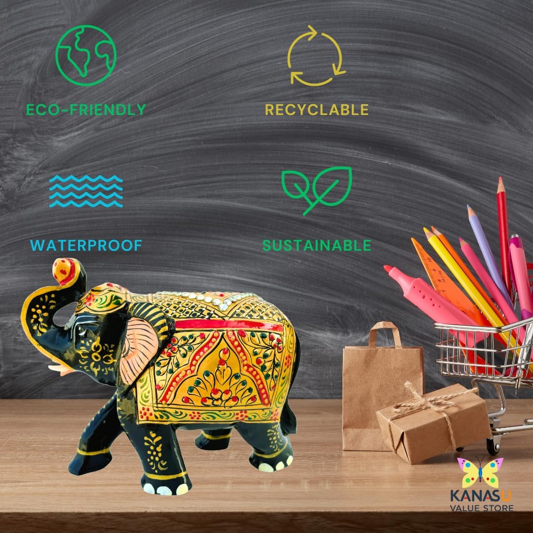 Handcrafted Wooden Elephant Figurine – Traditional Artwork, Gold & Gemstone Embellishments – Lucky