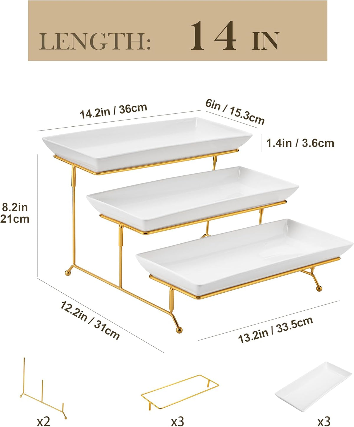 MALACASA 3 Tier Serving Trays for Party, 14 Inch Porcelain White Trays for Serving Food, Dessert