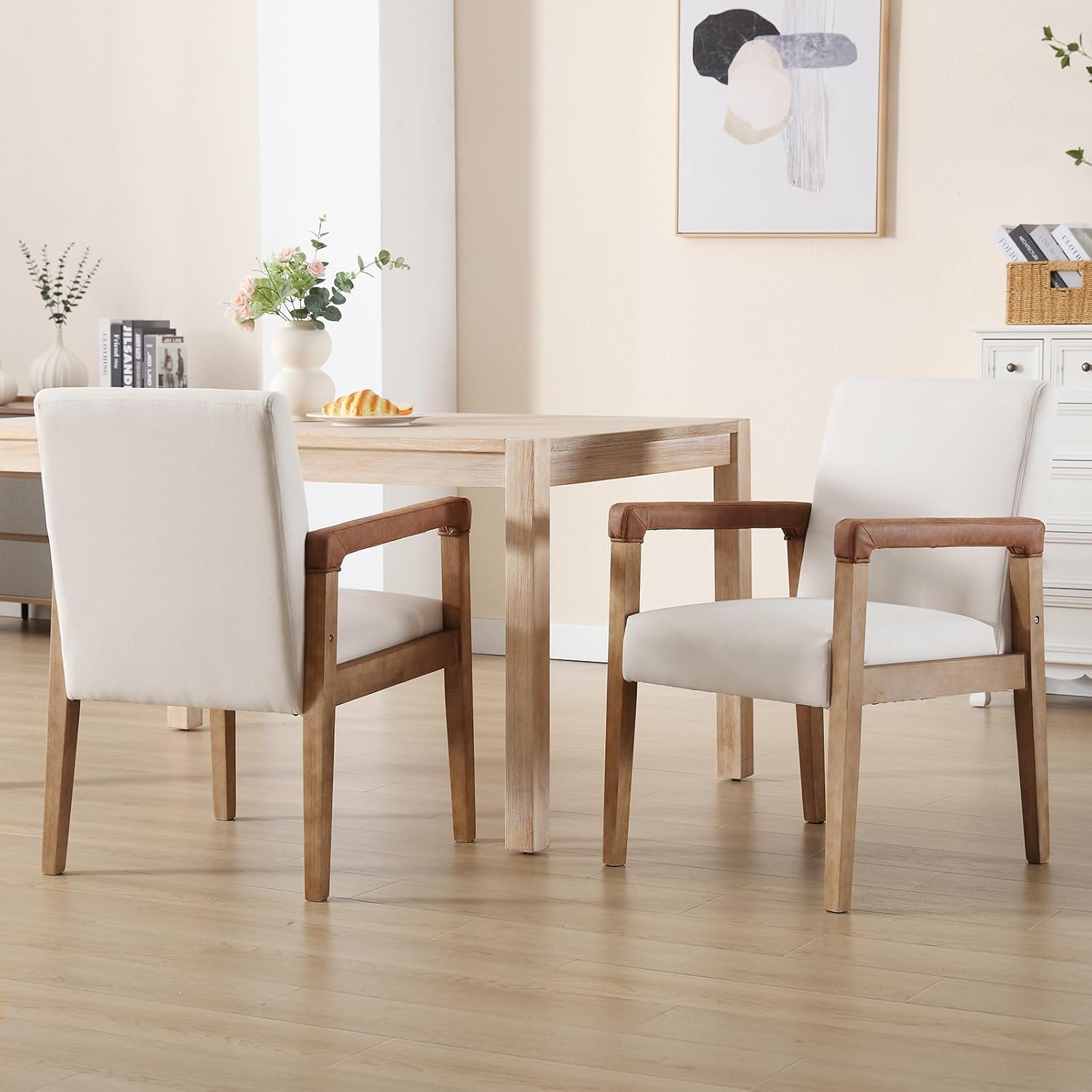 Kmax Modern Dining Chairs Set of 2 Linen Fabric Kitchen Arm Chairs Upholstered Accent Chairs with