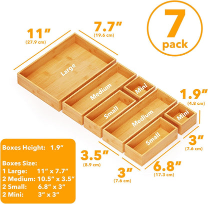 SpaceAid 7-Piece Bamboo Drawer Organizer Storage Boxes Set, Wood Tray Junk Drawer Organizers
