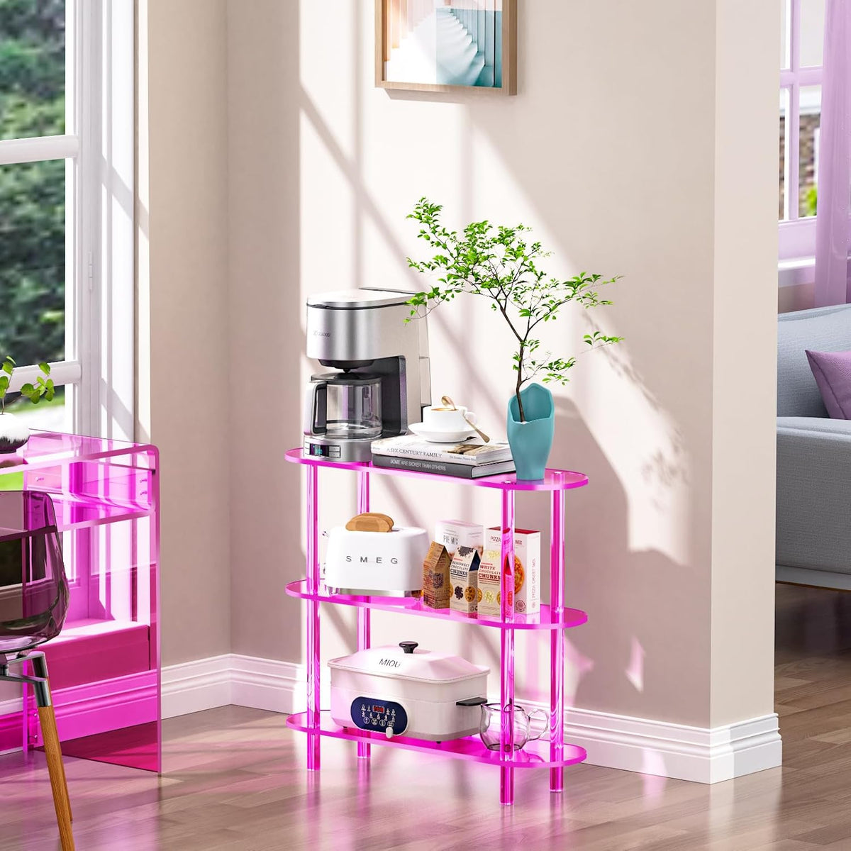 Clear Bookshelf, Acrylic Bookcase with Open Book Shelf Console Table for Entryway Office (3 Tier