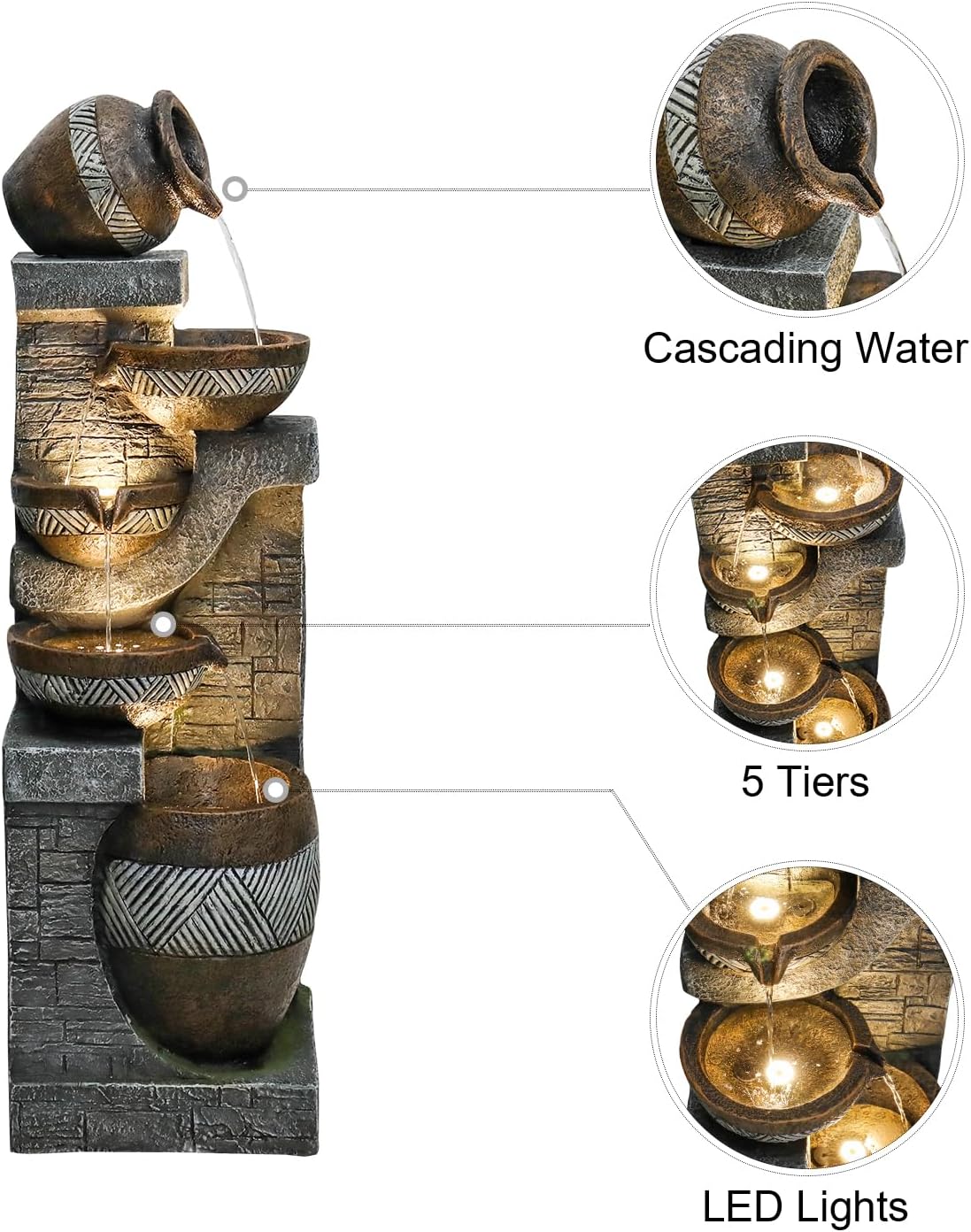 SunJet 5-Tiers Indoor/Outdoor Garden Water Fountain - 42.5inches Modern Floor-Standing Cascading