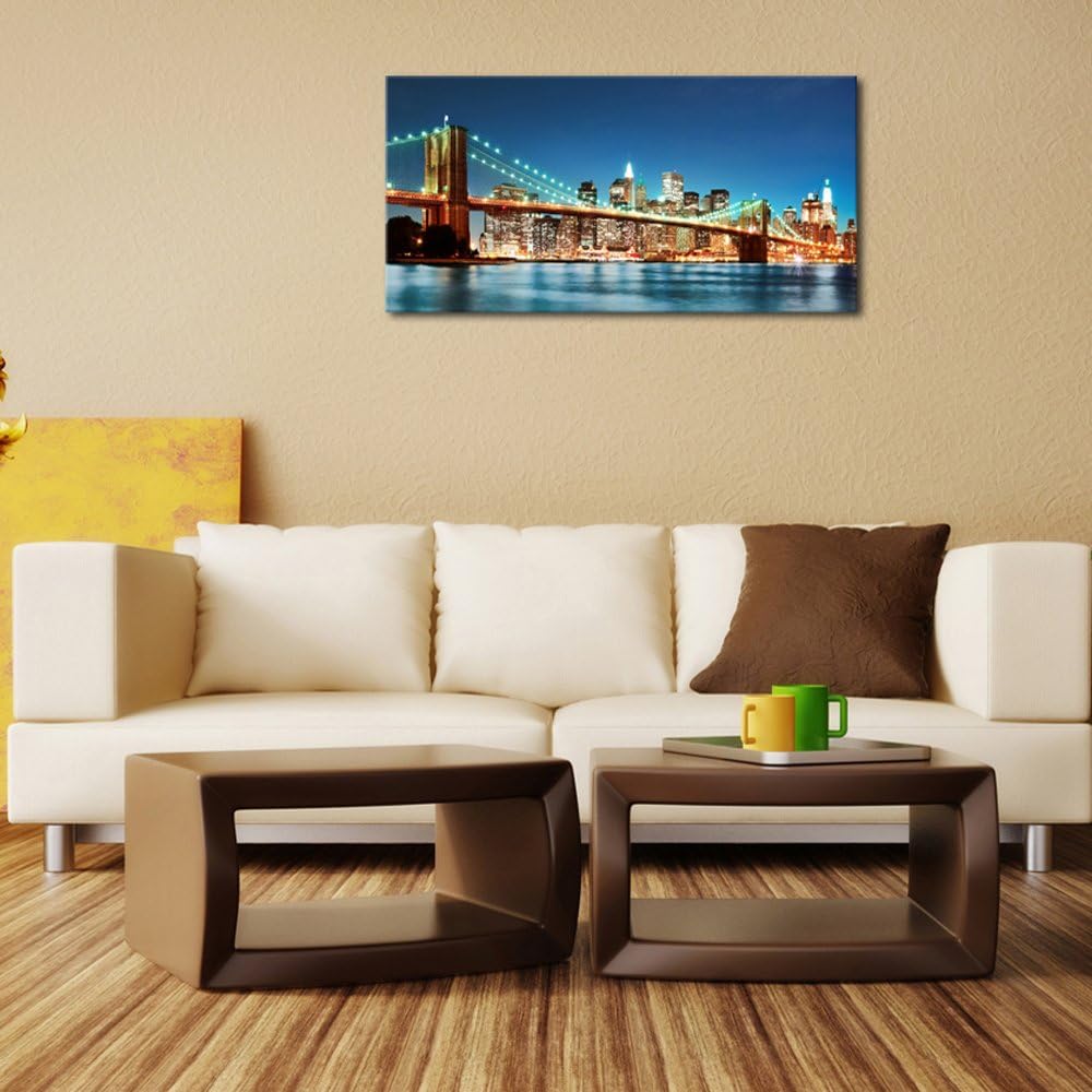 Pyradecor Large Modern New York Cityscape Canvas Wall Art Brooklyn Bridge Night View Canvas Prints
