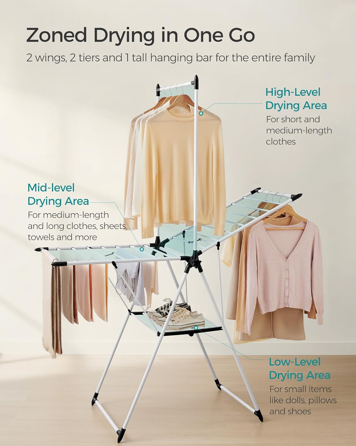 SONGMICS Clothes Drying Rack, Foldable 2-Level Laundry Drying Rack, Free-Standing Airer, 1