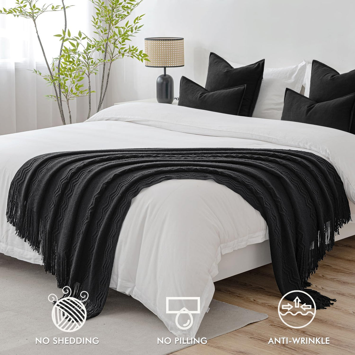 MIULEE Black Knitted Throw Blanket for Couch Textured Knit Blanket with Tassels Cozy Woven Boho Bed