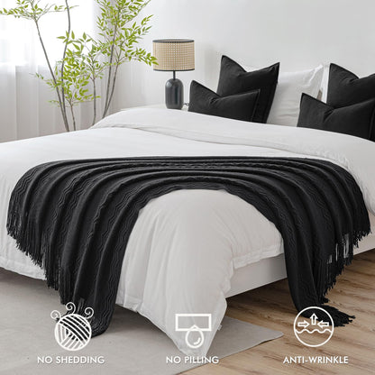MIULEE Black Knitted Throw Blanket for Couch Textured Knit Blanket with Tassels Cozy Woven Boho Bed