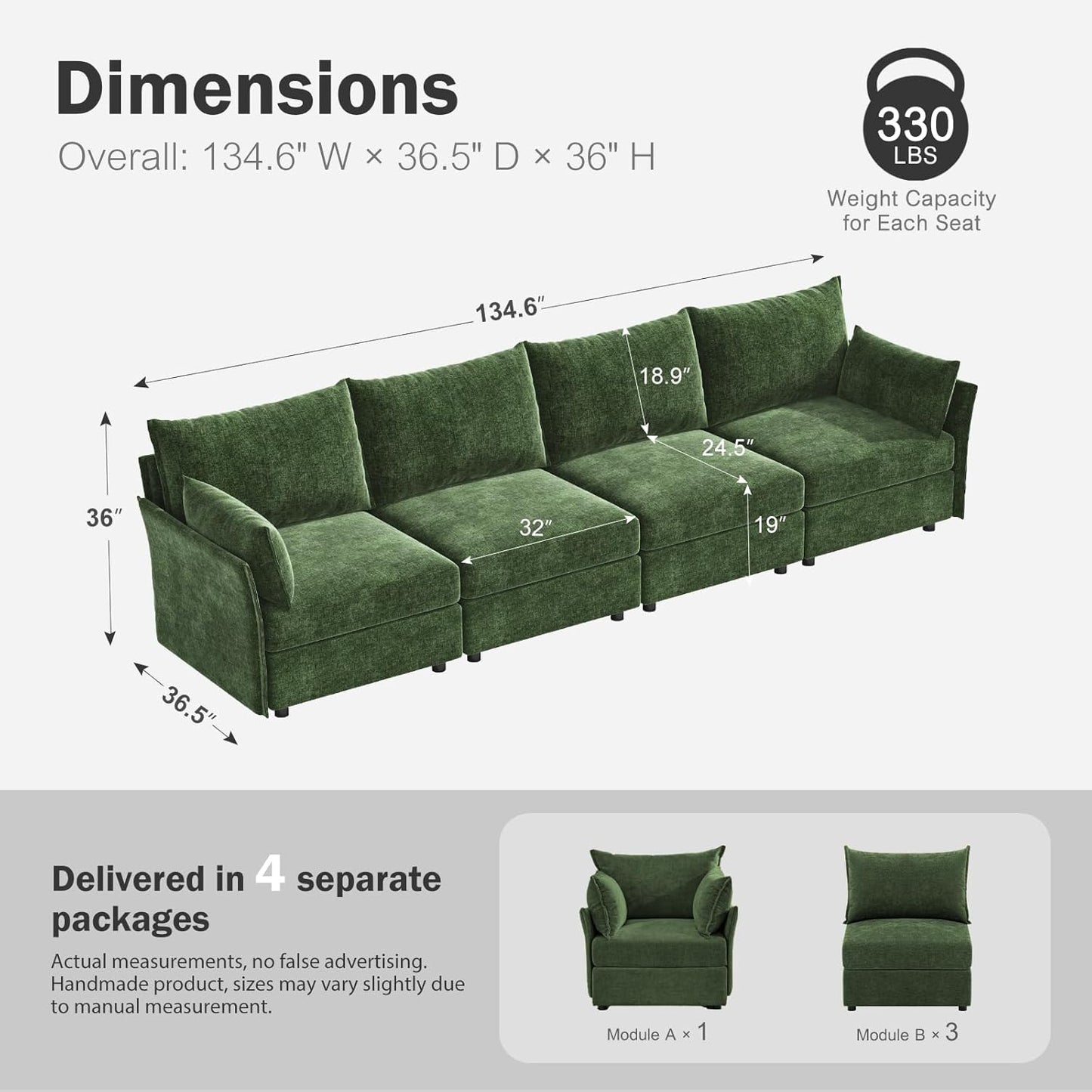 134.6" Modular Sectional Sofa, Oversized 4 Seater Green Couch with Removable Chenille Fabric Cover