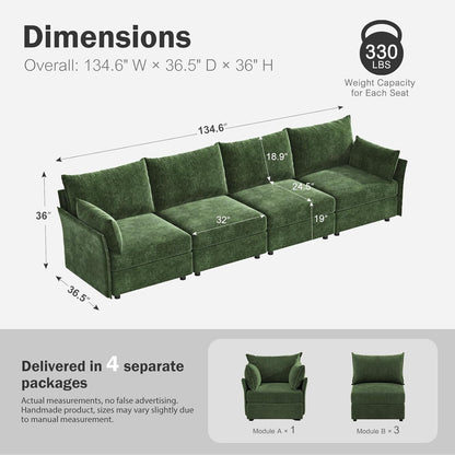 134.6" Modular Sectional Sofa, Oversized 4 Seater Green Couch with Removable Chenille Fabric Cover