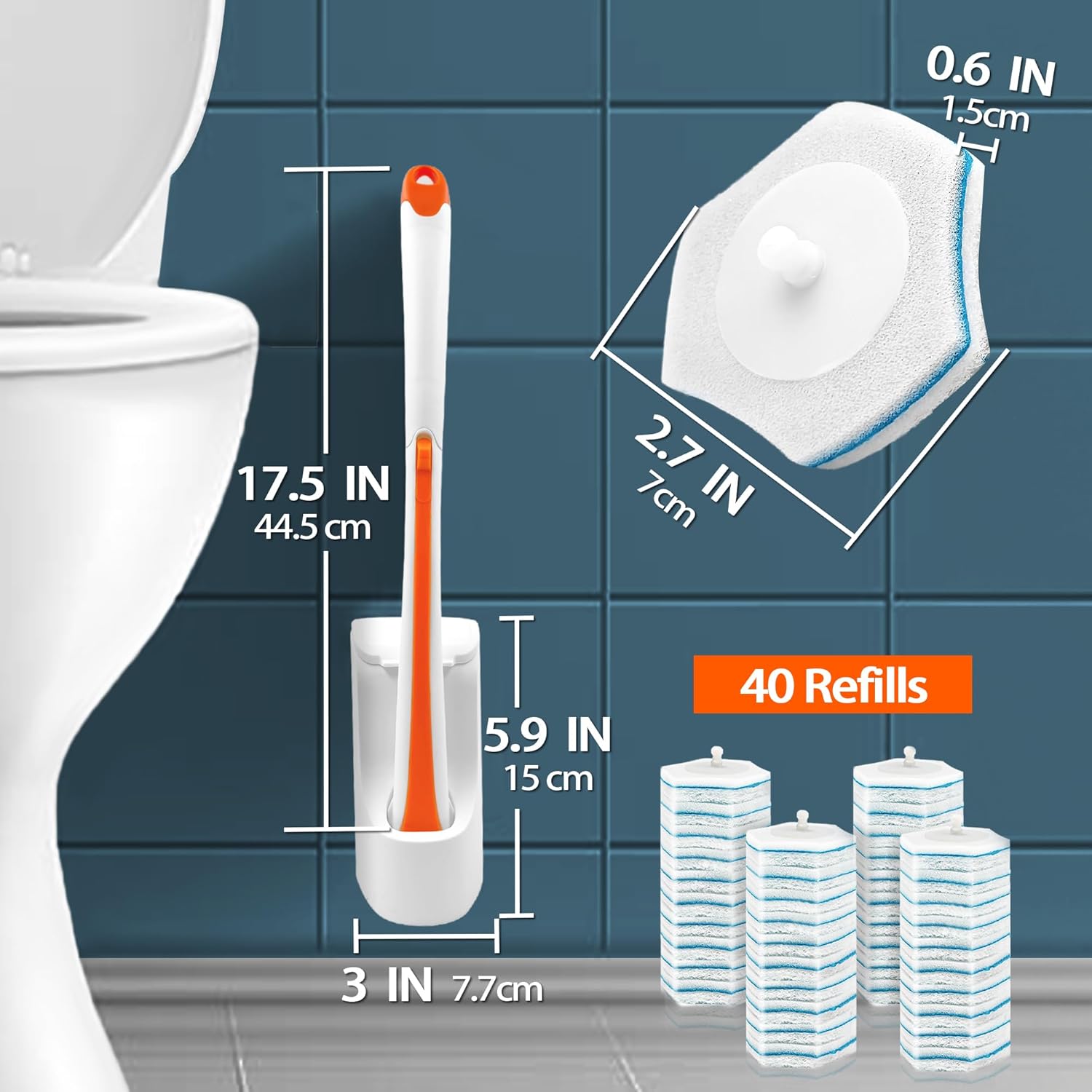 JEHONN Disposable Toilet Bowl Cleaner Wand with 40 Cleaner Refills, Wall Mounted Long Handle