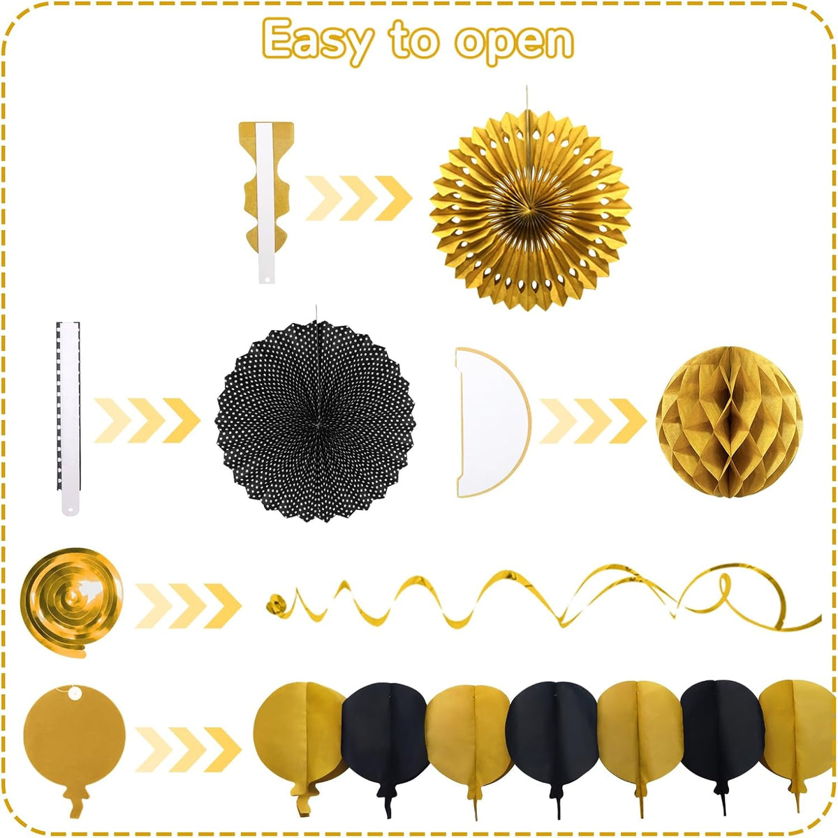 Black Gold Party Decorations, New Years Eve Party Supplies Easy Assembly Paper Fan Honeycomb Ball