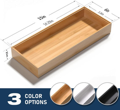Bamboo Drawer Organizer, Stackable Utensil Organizer for Kitchen, Bamboo Storage Box Wood