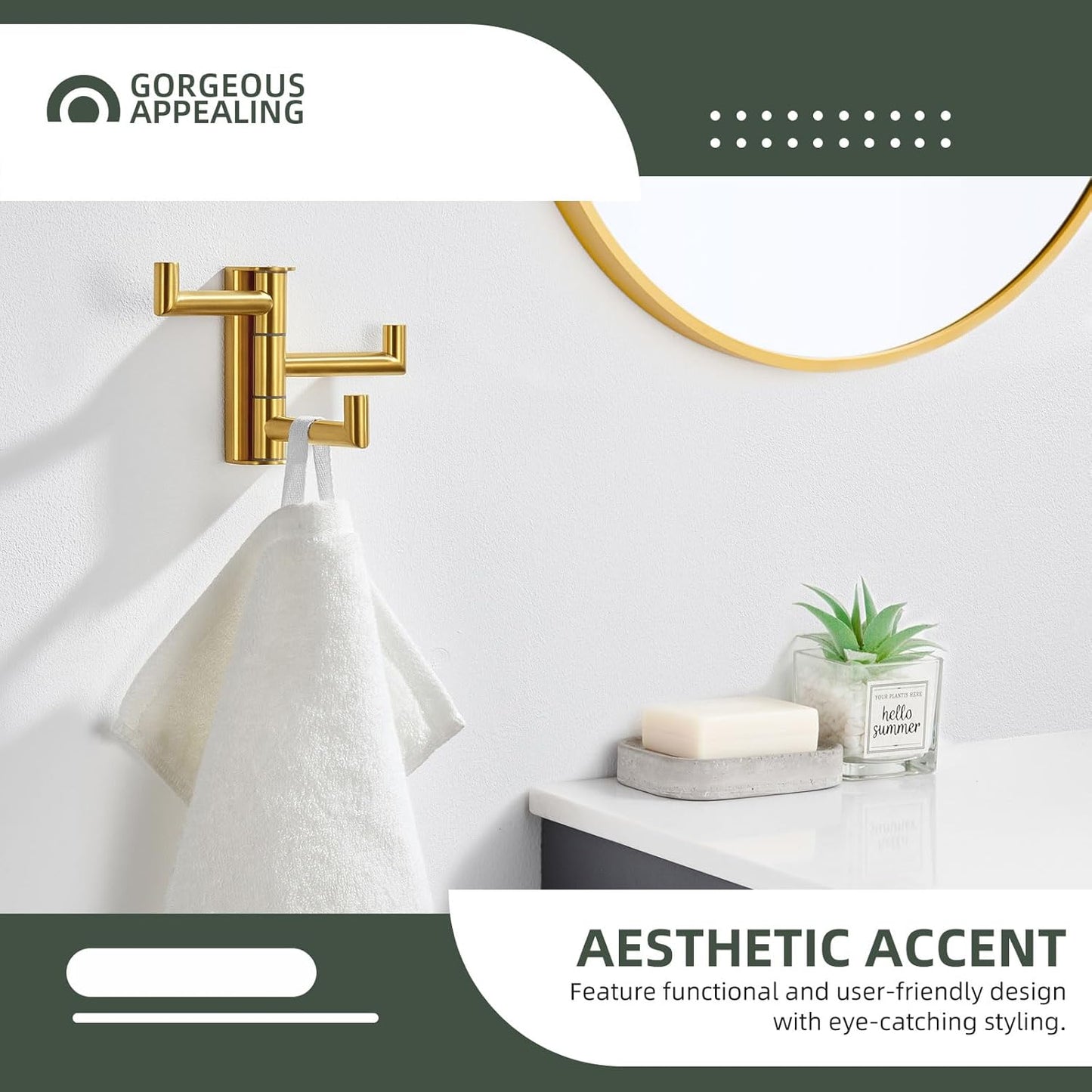 Angle Simple 3 Arms Towel Hook Brushed Gold, 304 Stainless Steel Swivel Triple Towel Holder