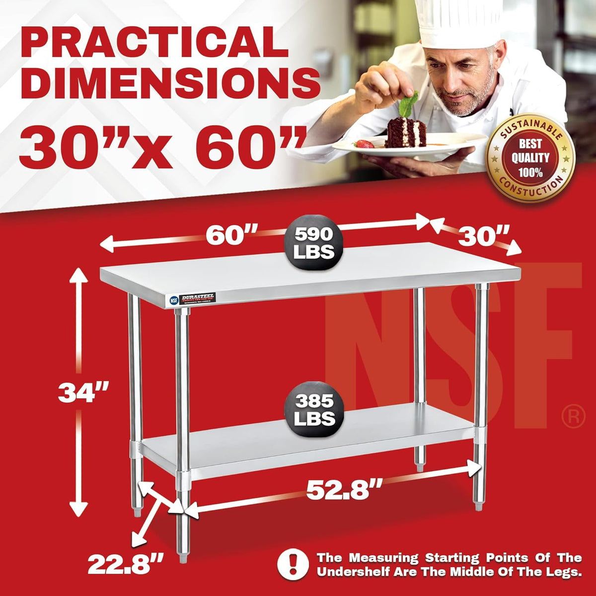 DuraSteel 30x60 Stainless Steel Work Table - NSF Commercial Prep Metal Table - Outdoor Pizza Oven