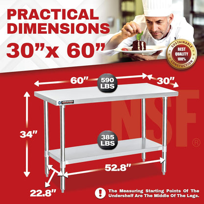 DuraSteel 30x60 Stainless Steel Work Table - NSF Commercial Prep Metal Table - Outdoor Pizza Oven