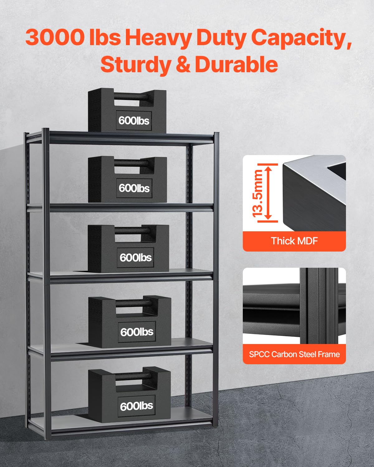 VEVOR Storage Shelves, 3000 lbs, 5 Tier Garage Storage Shelving, 18" D x 48" W x 78" H Adjustable