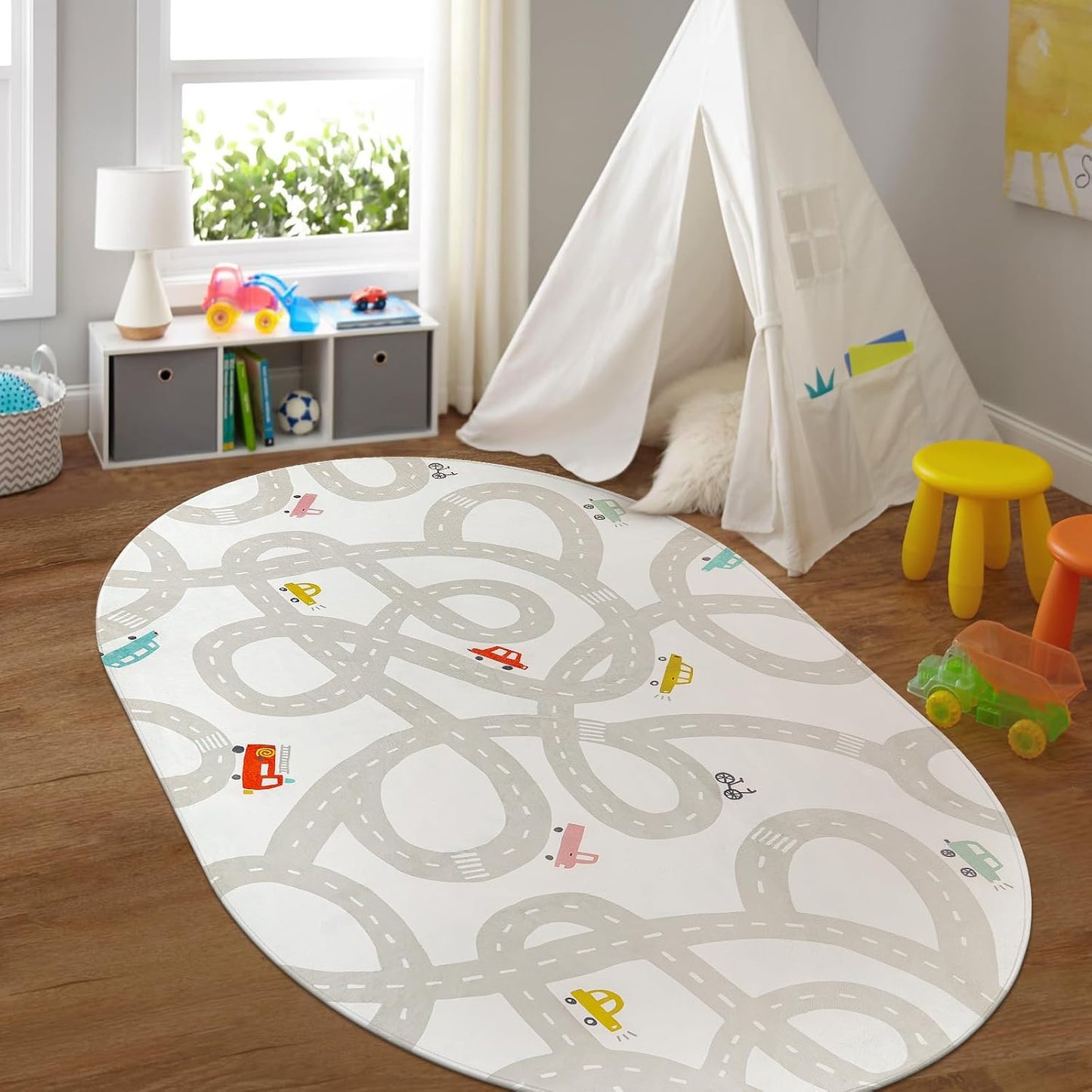 STARUIA Grey Kids Rug for Playroom, 5'x7' Washable Road Rug for Kids Bedroom, Non-Slip Car Rugs for