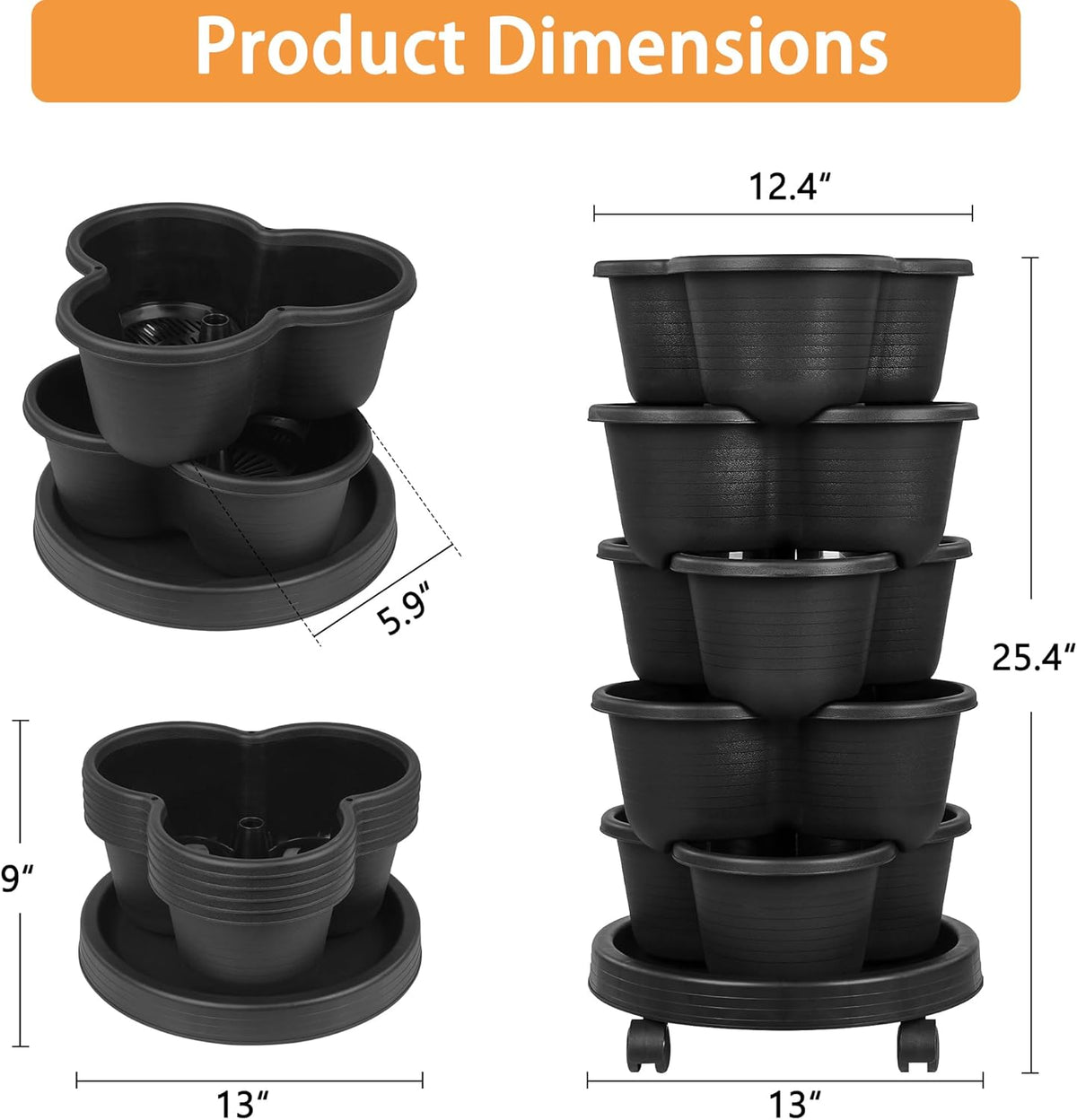 VECELO 5 Tier Vertical Garden Planter, Self Watering Stackable Planters with Wheels for