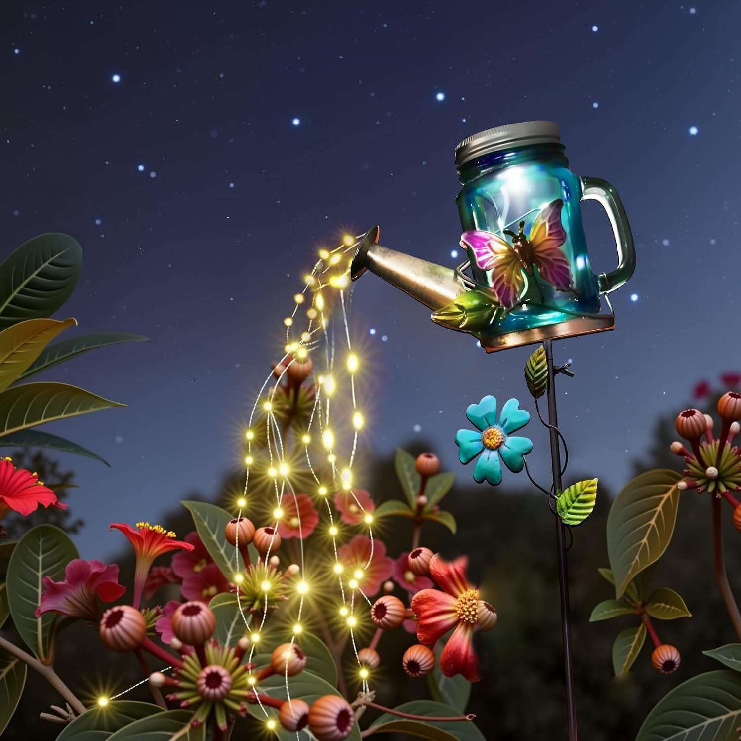 Solar Watering Can Light, Yard Outdoor Decor Lights, IP65 Waterproof, Hanging Butterfly Garden
