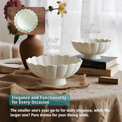 Large Fruit Bowl for Kitchen Counter-10.6" White Ceramic Fluted Scalloped Decorative Footed Bowl