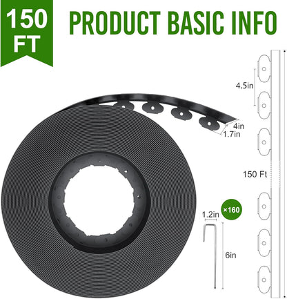 Landscape Edging 4 Inch Tall 150FT with 160Pcs Metal Spikes, Plastic Garden Edging Border Landscape