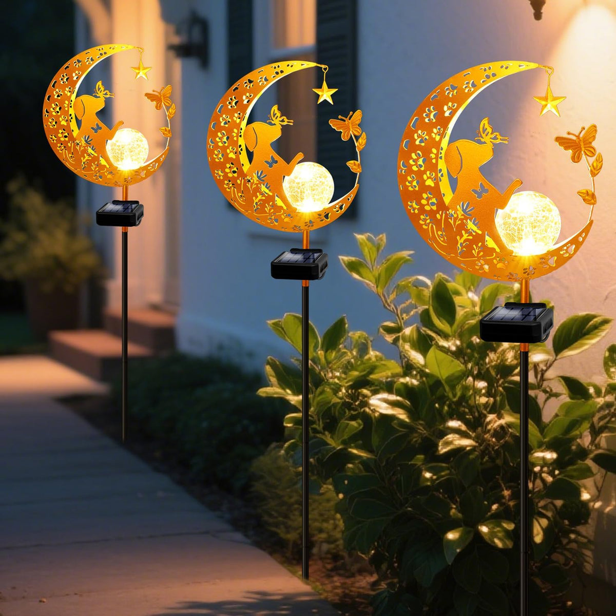 YJFWAL Garden Solar Dog Lights Pathway Stake Lights Glass Globe with Moon Dog Decor, Gifts for Mom