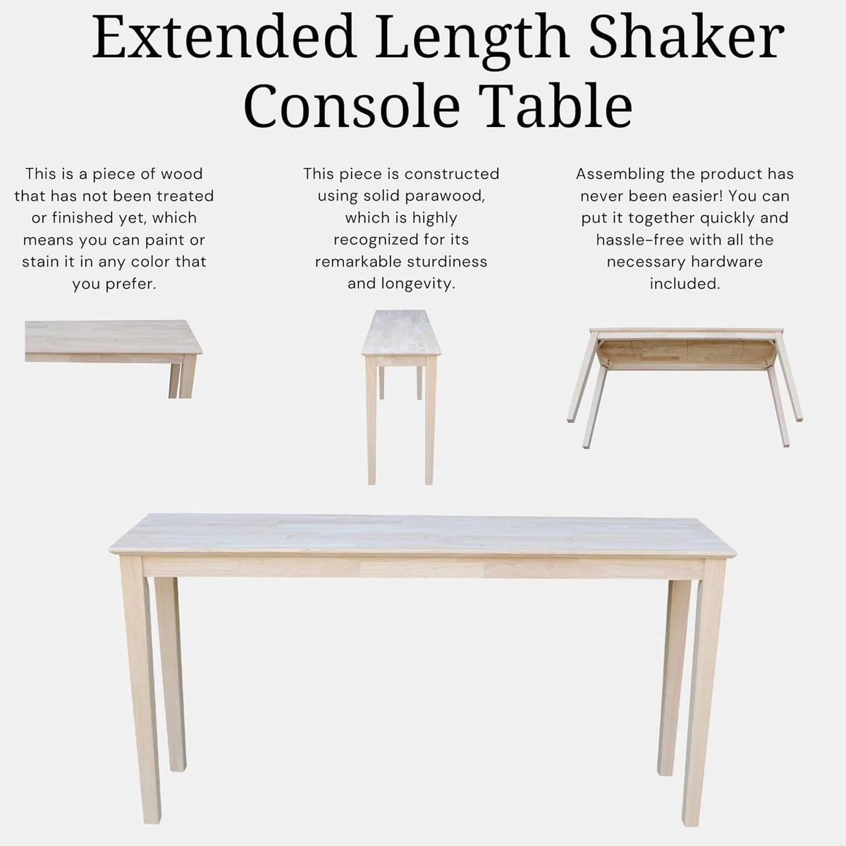 IC International Concepts Extended Length Shaker Console Table, 60" W x 16" D x 30" H Real/Solid