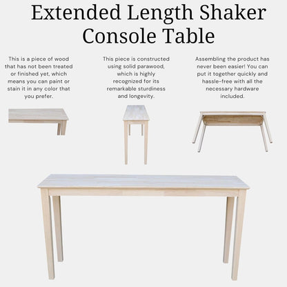 IC International Concepts Extended Length Shaker Console Table, 60" W x 16" D x 30" H Real/Solid