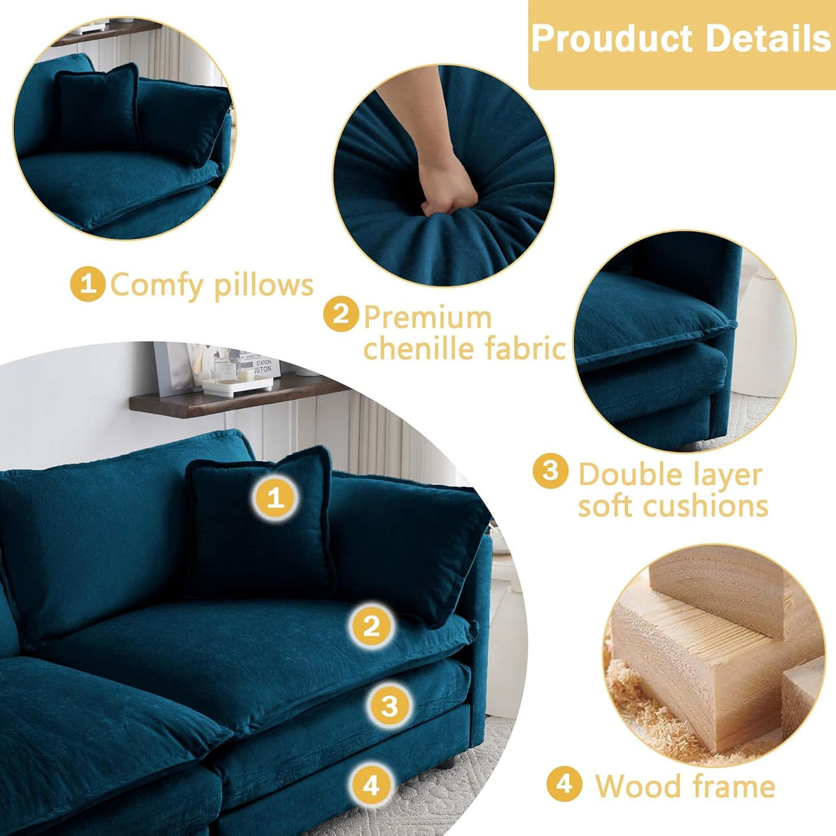 Sectional Sofa 3 Seater with Movable 2 Ottomans,Oversized Modular Couch Deep Seat (Blue, 111.5