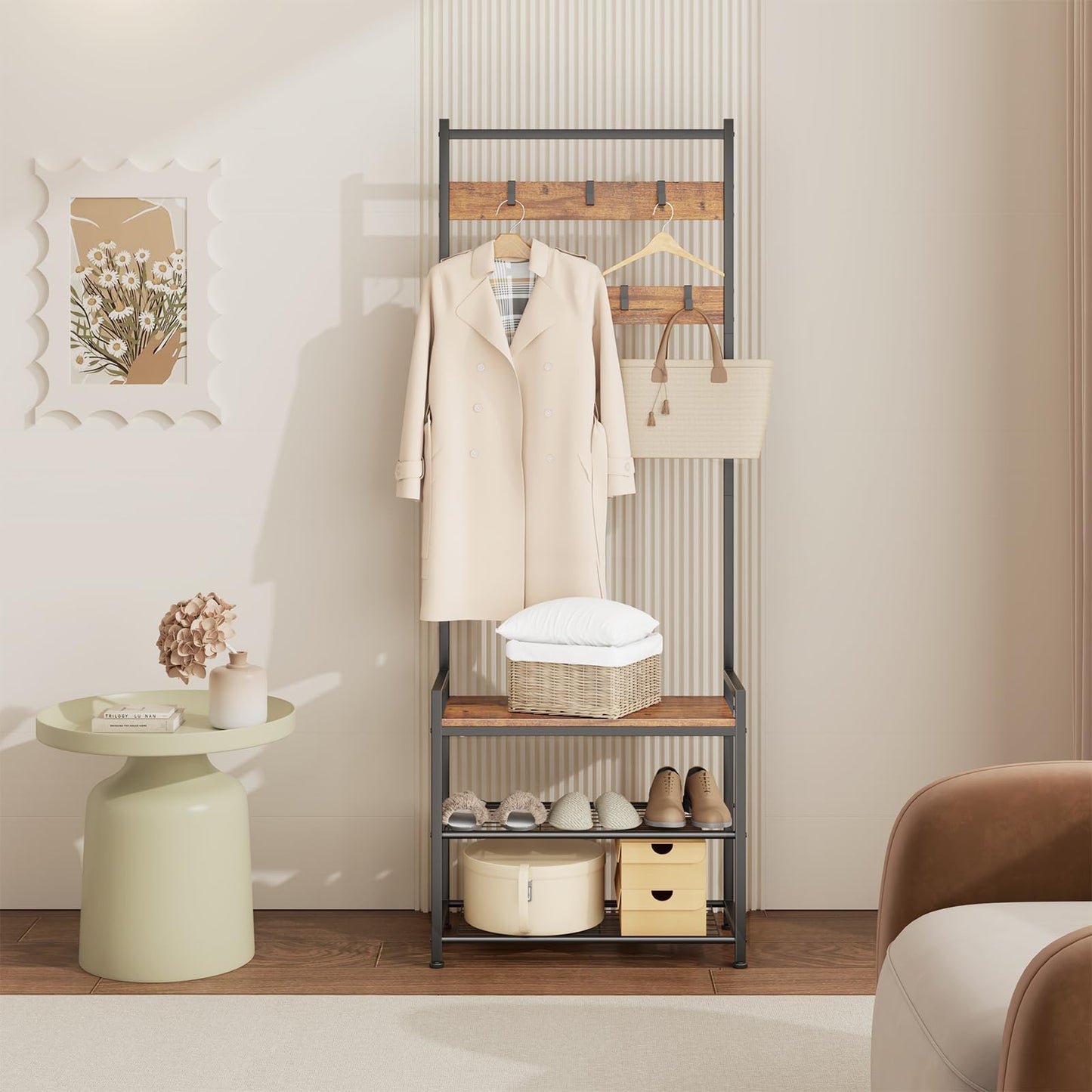 Leadpro Coat Rack Hall Tree with Shoe Storage, Entryway Hall Tree Storage Bench, Wood Look Accent