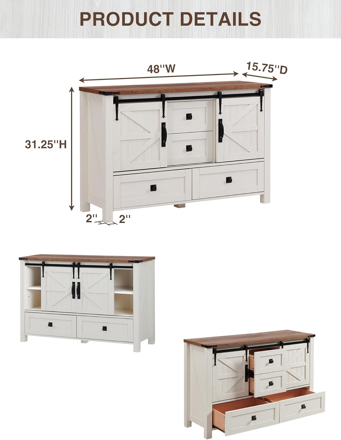 T4TREAM Farmhouse Dresser for Bedroom w/4 Drawers & Sliding Barn Doors, 48'' Wide Chest of Drawers