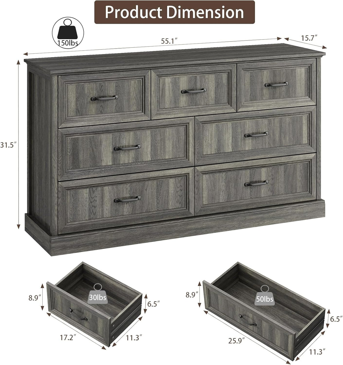 Farmhouse 7 Drawer Dresser for Bedroom, 55 Inch Wide Modern Grey Dresser TV Stand with Large