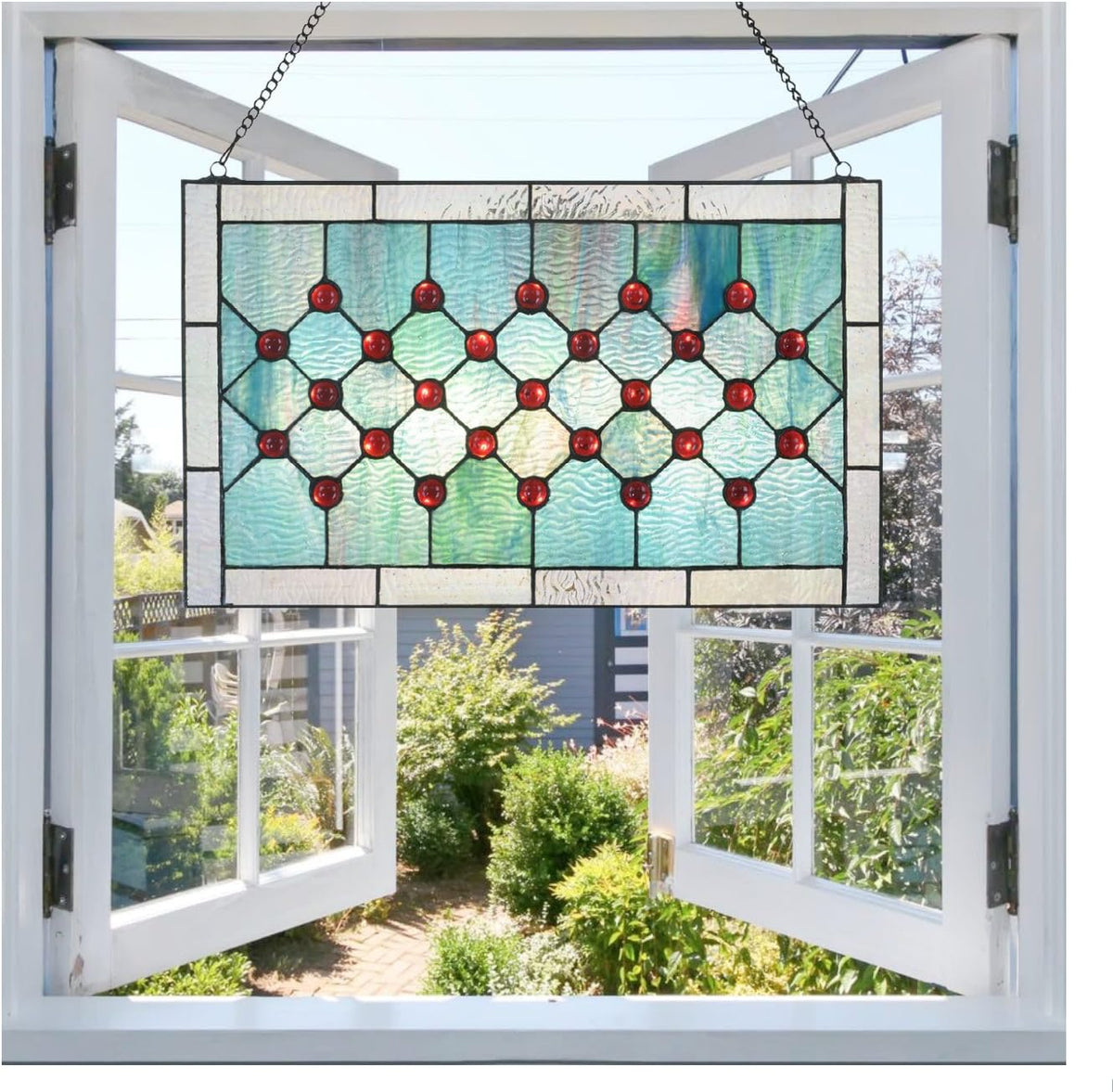 Tiffany-Style Stained Glass Window Panel, 100% Genuine Stained Glass and Cabochon, Handcrafted 73