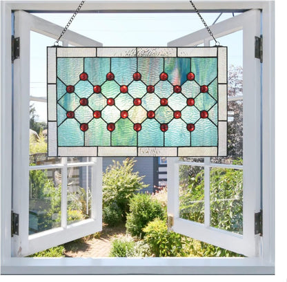 Tiffany-Style Stained Glass Window Panel, 100% Genuine Stained Glass and Cabochon, Handcrafted 73