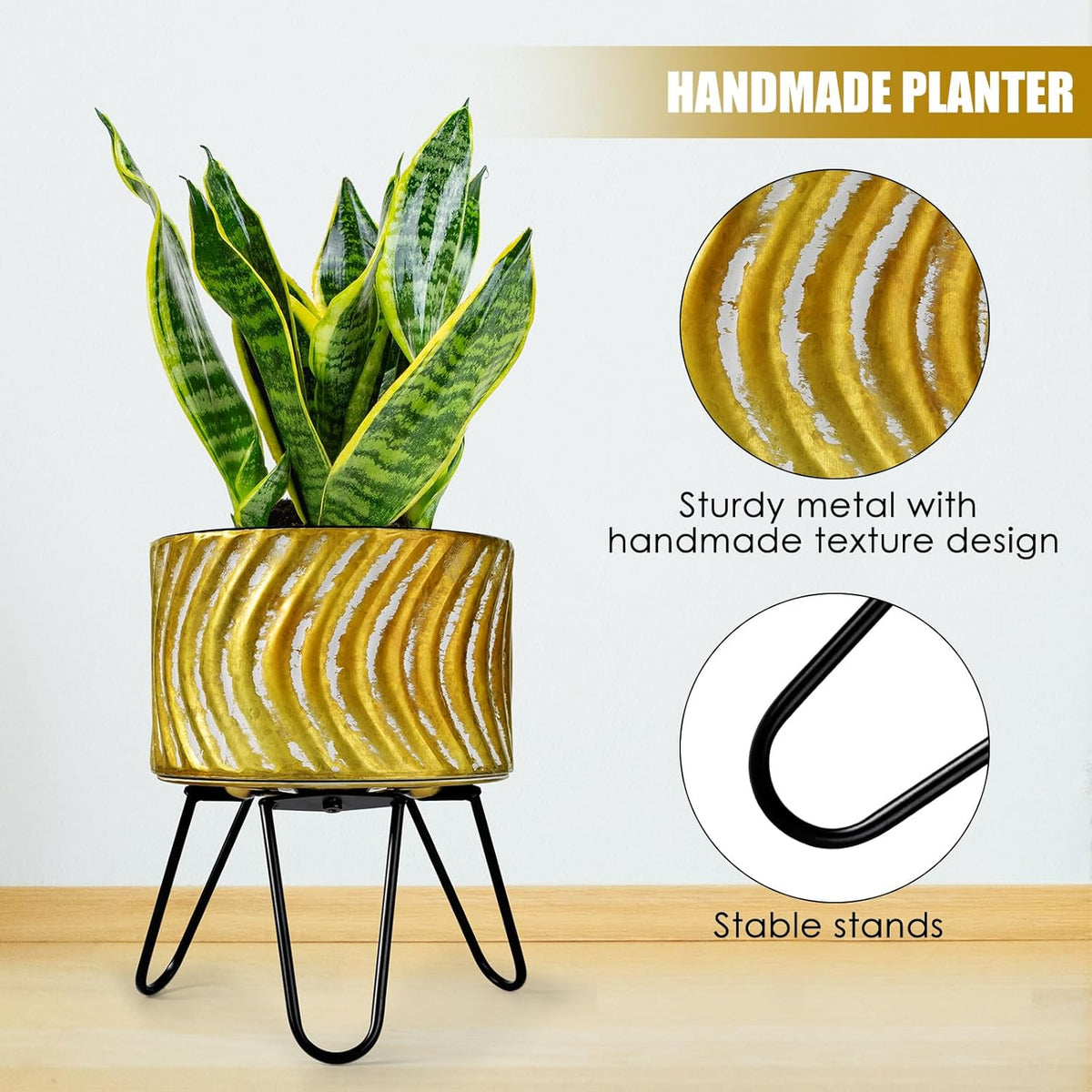 Harvest Land Plant Pots with Stand, Set of 2 Large Modern Planters Metal Tall Handmade Flower Pots