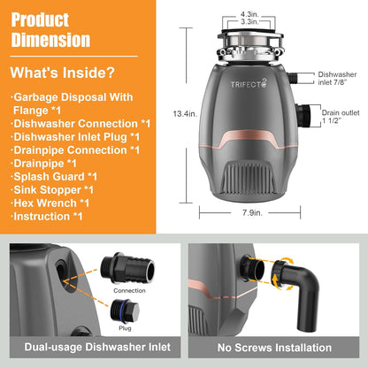Trifecte Pro 3/4 HP Garbage Disposals with Sound Reduction,Food Waste Coutinuous Feed Garbage