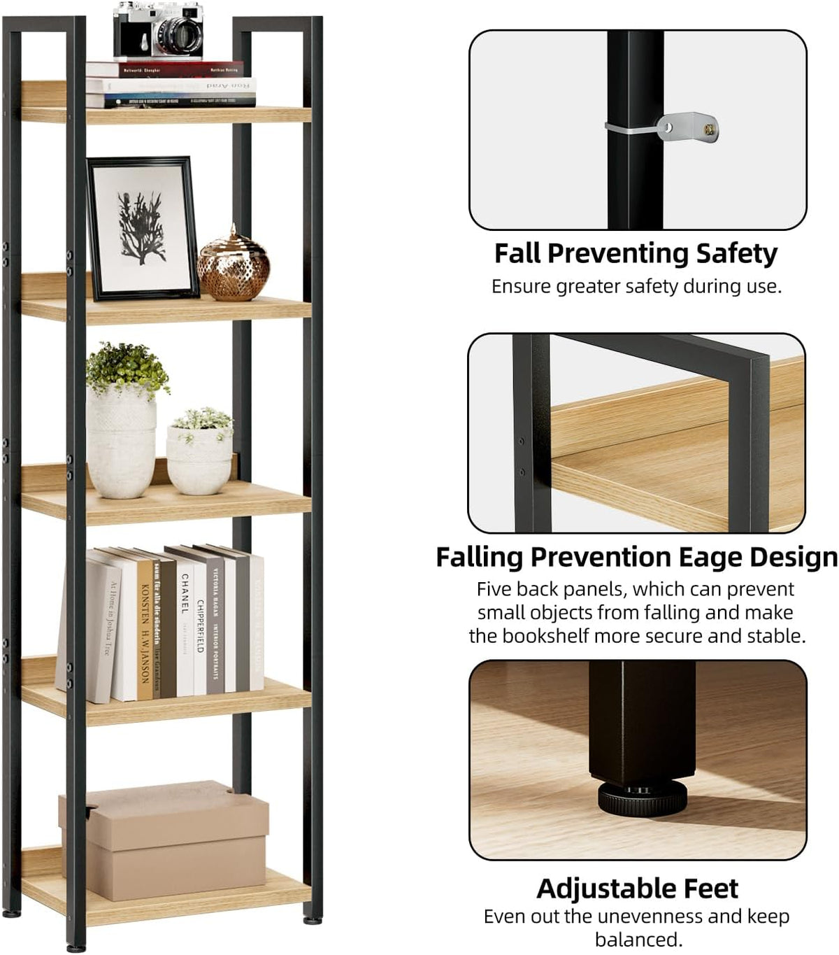 NUMENN Narrow Bookshelf, 5 Tier Bookshelves, Home Office Bookcase Shelf Storage Organizer, Free