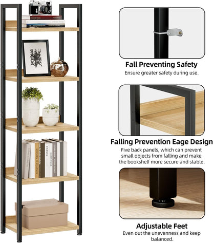 NUMENN Narrow Bookshelf, 5 Tier Bookshelves, Home Office Bookcase Shelf Storage Organizer, Free
