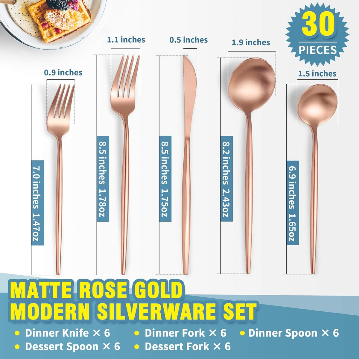Matte Rose Gold Silverware Set for 6,Modern Stainless Steel Brushed Cutlery Set,30-Pieces Heavy