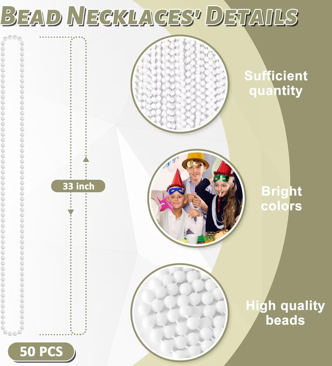 50PCS Bead Necklace, White Mardi Gras Bead Necklace Stuff Party Favors, 33" Mardi Gras Beads