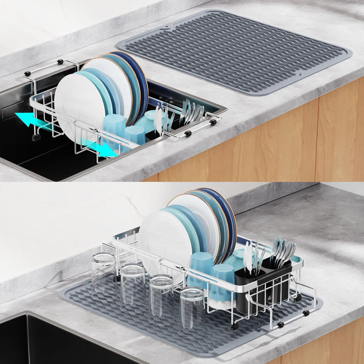 GSlife Expandable in Sink Dish Drying Rack Small with Silicone Mat - Stainless Steel Capacity
