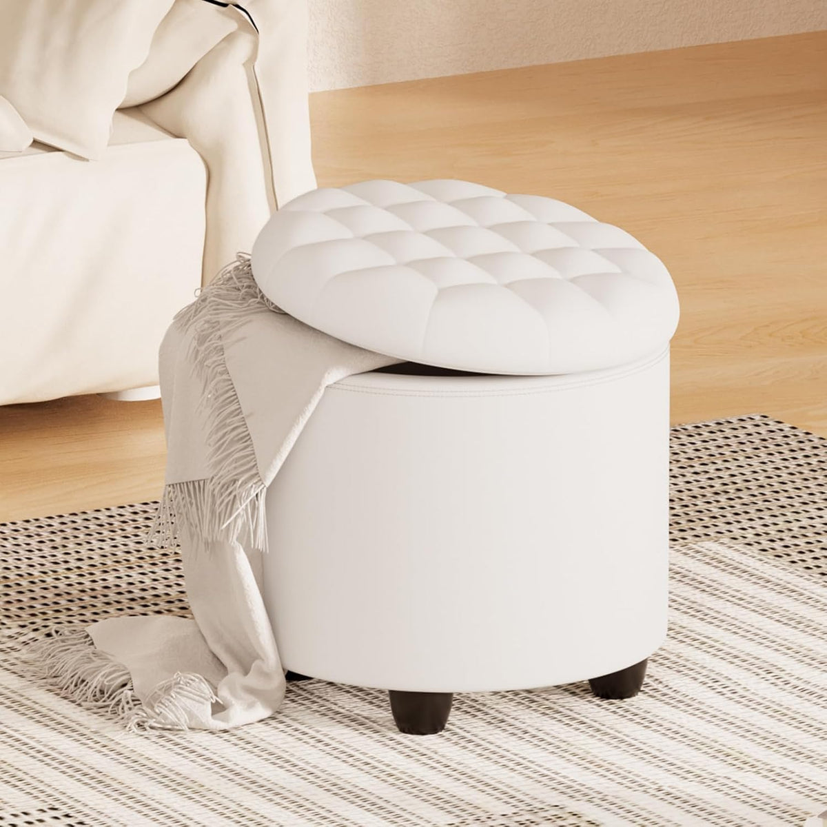 Furniliving Upholstered Button Tufted Round Ottoman, PU Storage Ottoman Round, Removable Lid
