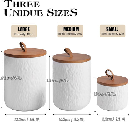 JOJUNO White Ceramic Canister Set with Wooden Lid, 3-Piece Airtight Food Storage Jars for Kitchen