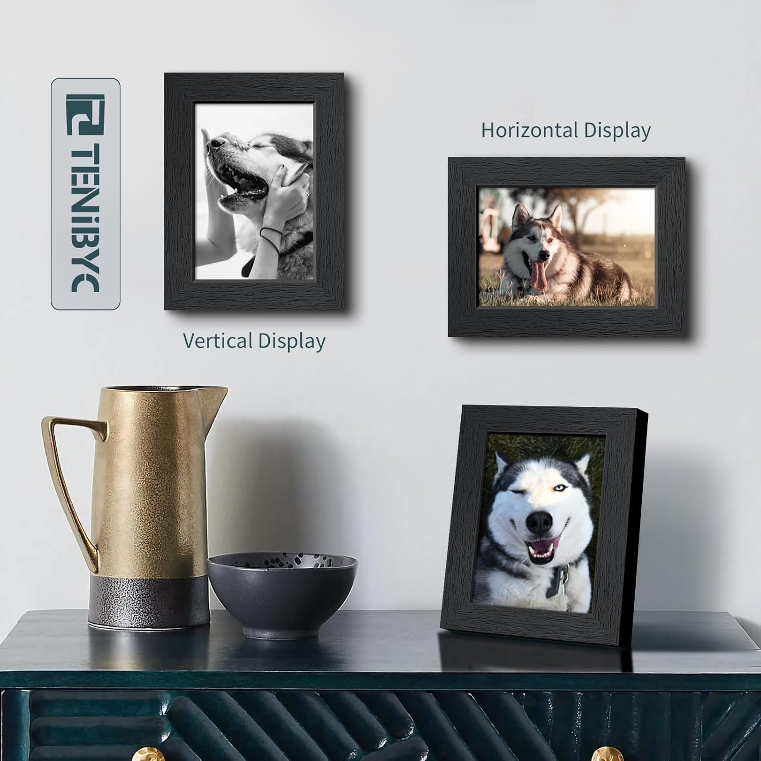 5x7 Picture Frame 3 Pack - Black Woodgrain, Solid Wood & HD Tempered Glass, Table Display or Wall