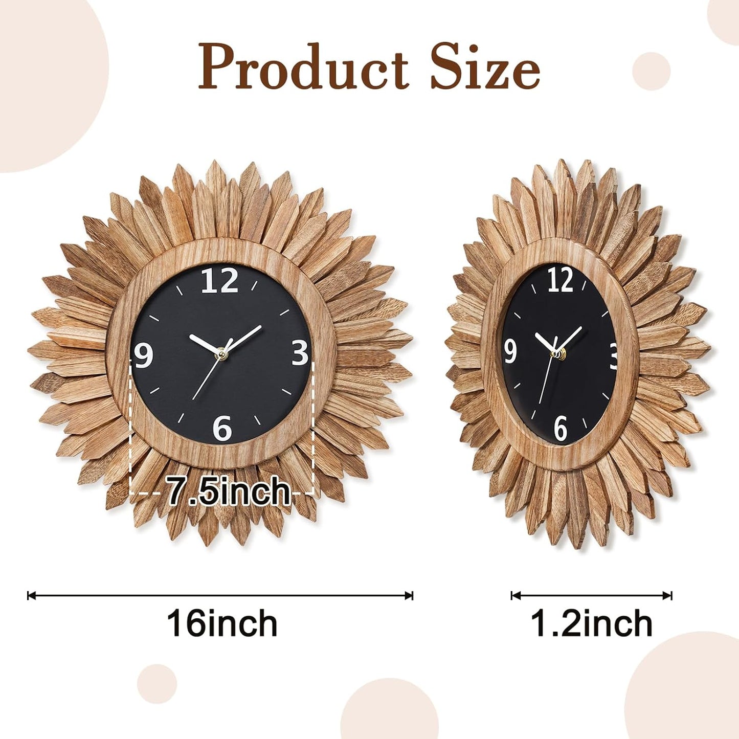 Honiway 16 Inch Wall Clocks, Rustic Wood Boho Sunburst Decorative Wall Clock Battery Operated